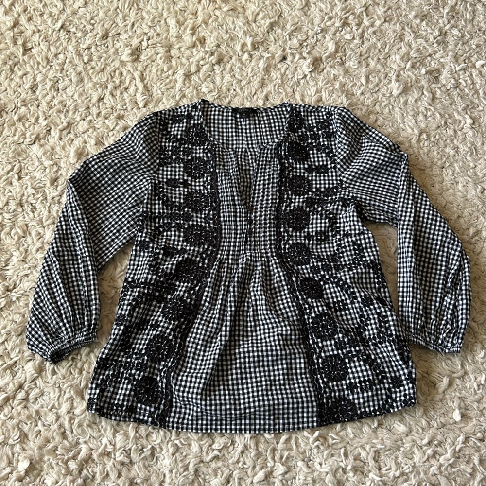 J.Crew gingham embroidered top blouse black white
